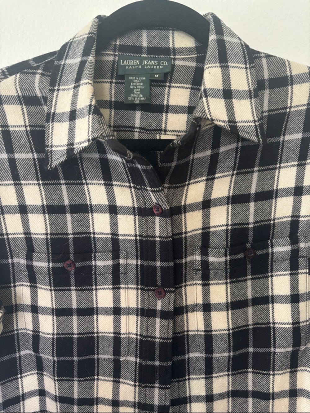 NWOT Ralph Lauren Vintage? Black & Cream WOOL Suede Plaid Button-Down Shirt